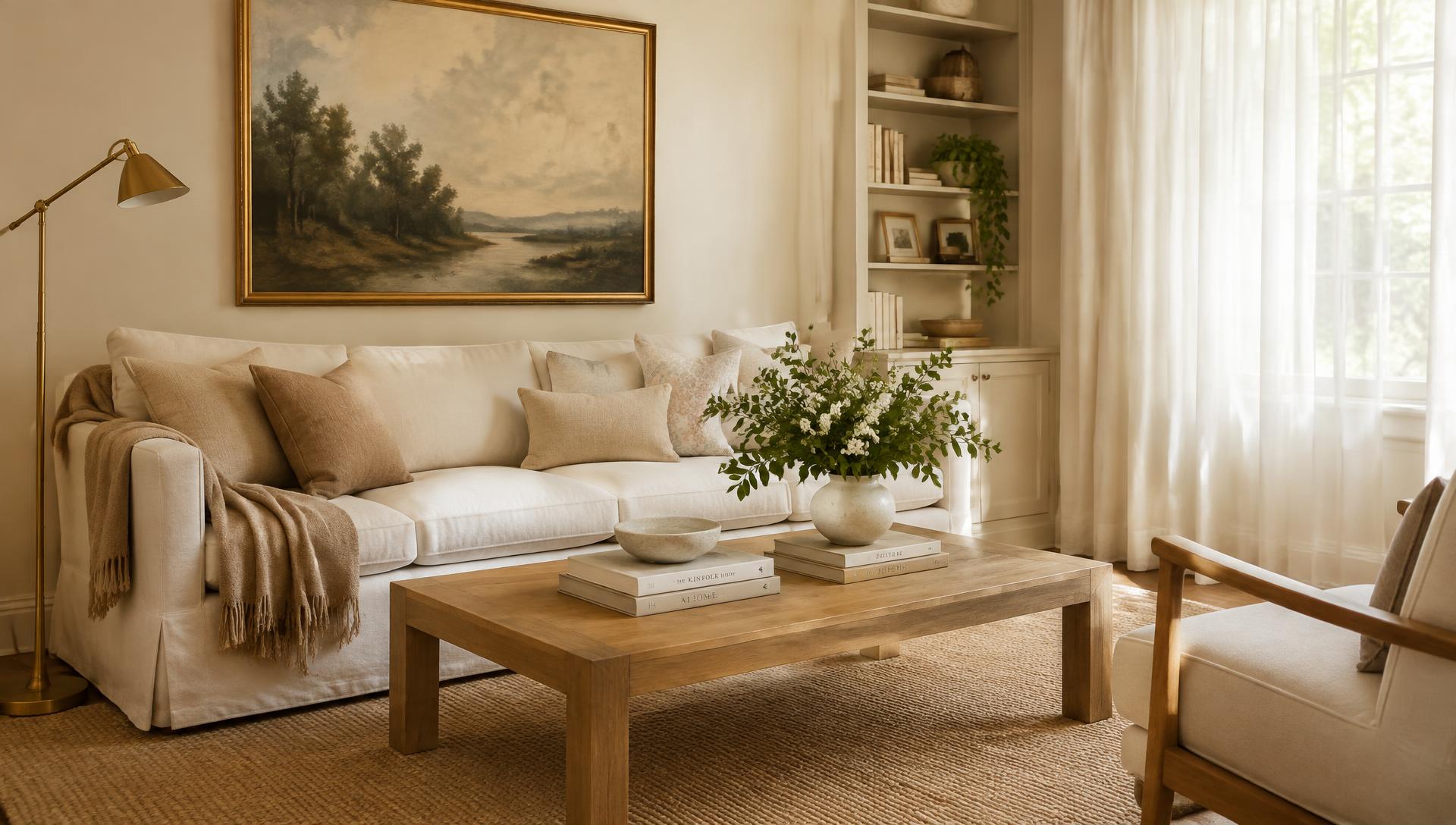 Sunlit styled living room with linen sofa, oak coffee table, and brass lamp