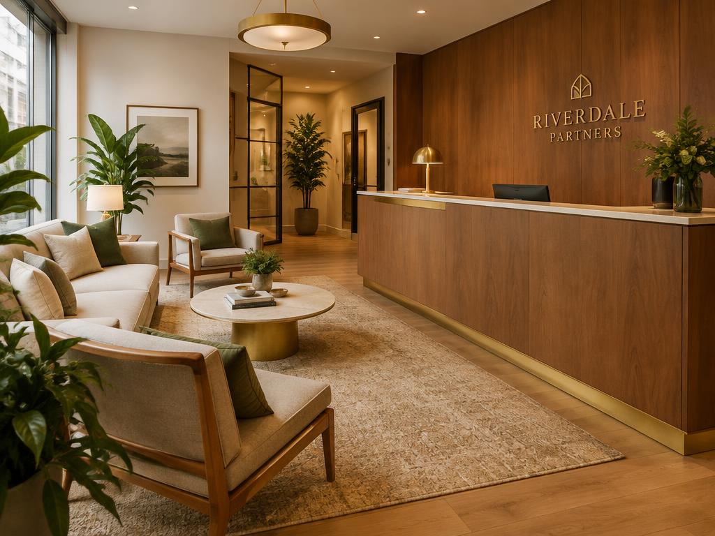 Welcoming styled office lobby with warm wood and brass details