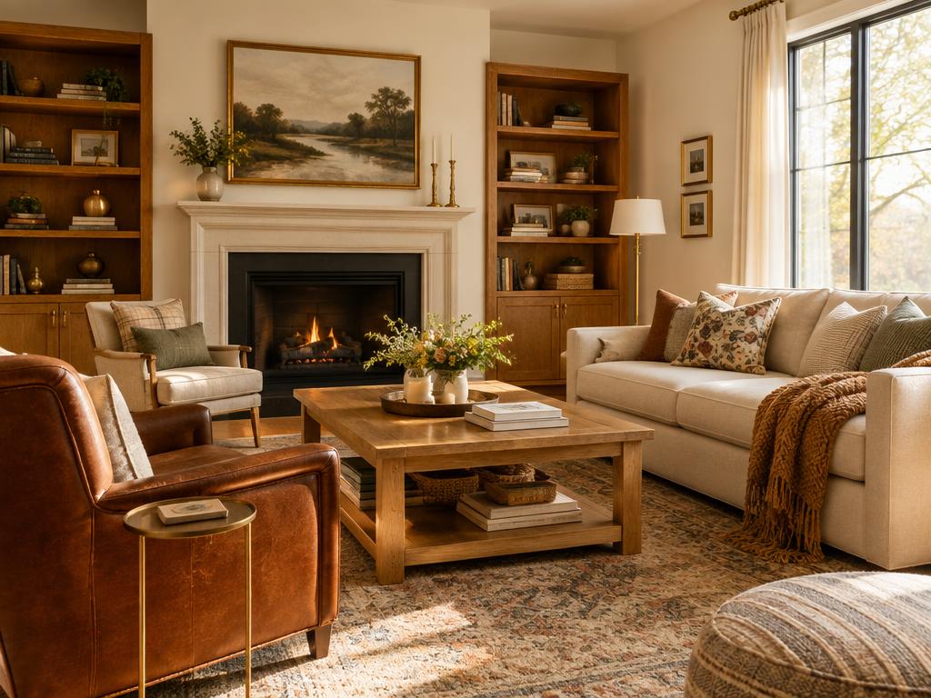 Warm decorated family living room with layered textiles