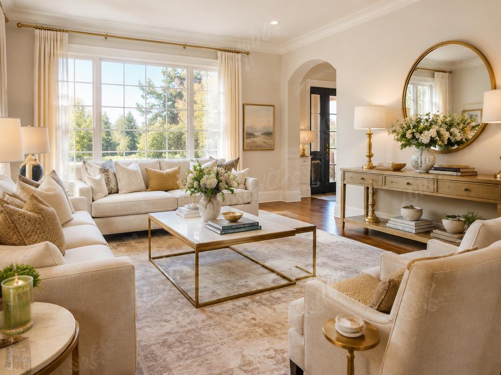 Bright staged living room with neutral furniture and fresh flowers